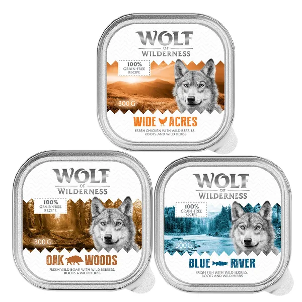 6x300g Wolf of Wilderness Adult lot mixte : sanglier, poulet, poisson Nourriture humide pour chien