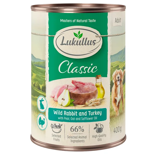 Lot Lukullus Classique 24 x 400 g - Adulte : lapin de garenne, dinde