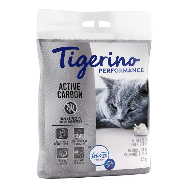 Litière Tigerino Performance Active Carbon Febreze Fresh Linen pour chat - 12 kg