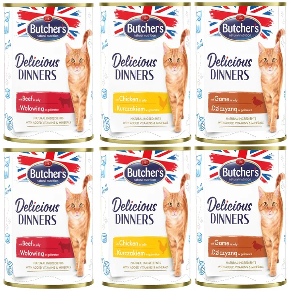 6 x 400 g Butcher’s Delicious Dinners 3 variétés (bœuf, poulet et gibier) nourriture humide pour chats