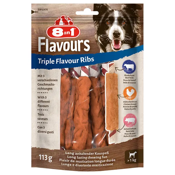 Triple Flavour Ribs Côtes à mâcher pour chien - 3 x 6 bâtonnets à mâcher