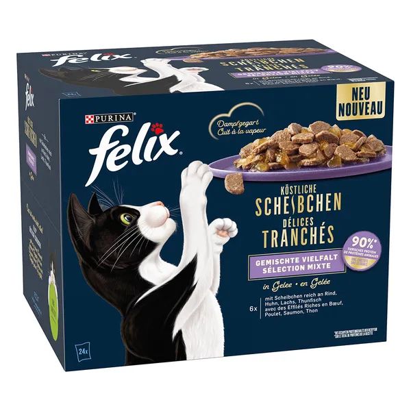 Felix Délices tranchés 24 x 80 g pour chat - sélection mixte (bœuf, poulet, saumon, thon)