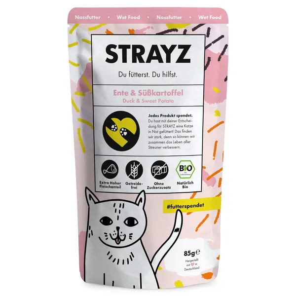 85g STRAYZ BIO Pouch canard bio & patate douce nourriture pour chat humide