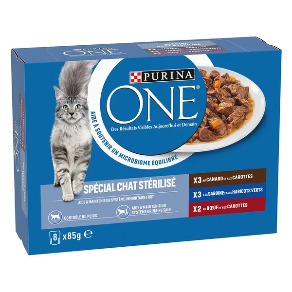 Lot mixte PURINA ONE Spécial Chat Stérilisé 8 x 85 g - canard, bœuf, sardine