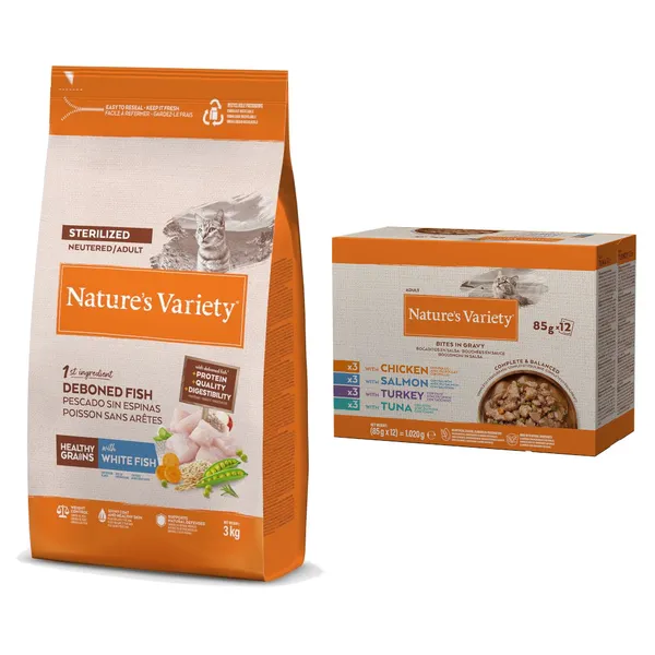 3 kg Nature’s Variety Healthy Grains Sterilised au poisson blanc, croquettes pour chats
