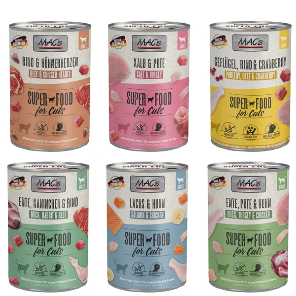 lot économique : 24 x 400 g mixte MAC´s Cat Assortiment découverte (6 variétés), aliment humide pour chat