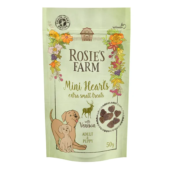 Friandises Rosie's Farm Puppy & Adult Mini Cœurs gibier pour chien - 50 g
