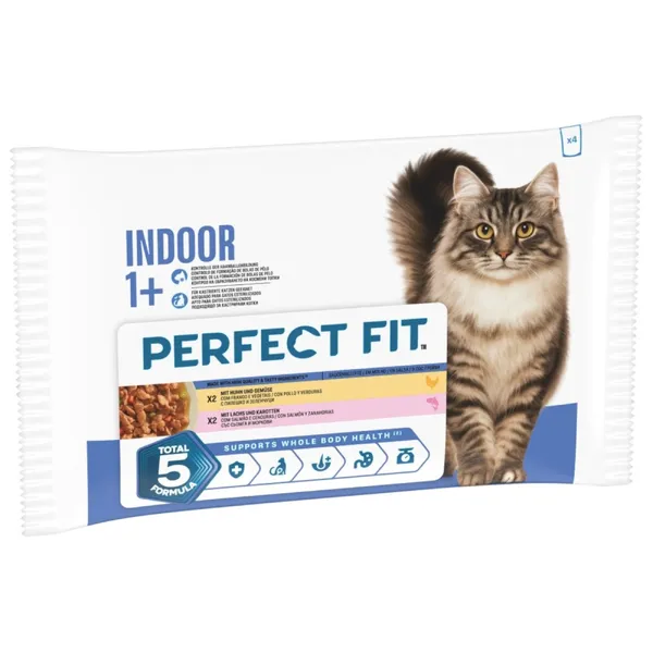 Lot économique:  52x85g PERFECT FIT Indoor 1+ poulet saumon nourriture humide pour chat