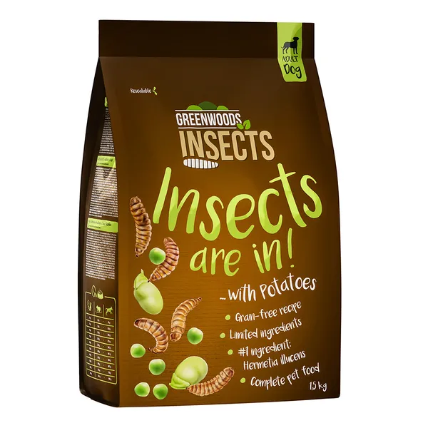 Greenwoods Insects pommes de terre, petits pois et fèves pour chien 1,5 kg