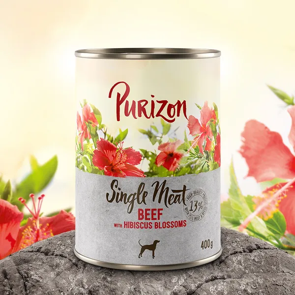 Offre d'essai : croquettes, boîtes et friandises Purizon pour chien - Boîte à l'unité Single Meat bœuf, fleurs d'hibiscus (400 g)