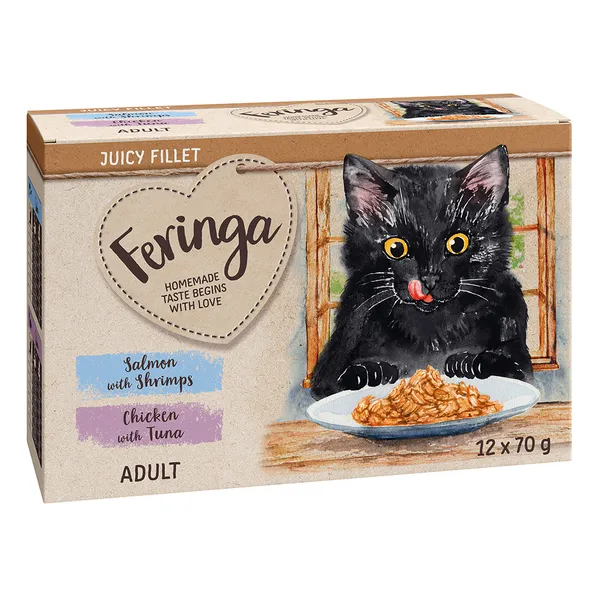 Lot Feringa Filets juteux 24 x 70 g pour chat lot mixte : saumon, crevettes + poulet, thon