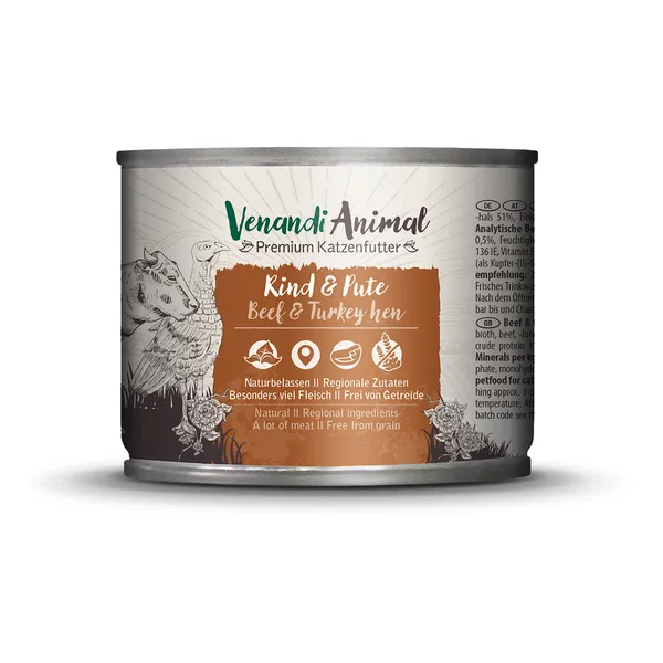 Lot économique : Nourriture humide pour chat Venandi Animal Adult Cat bœuf et dinde pour chats 24 x 200 g