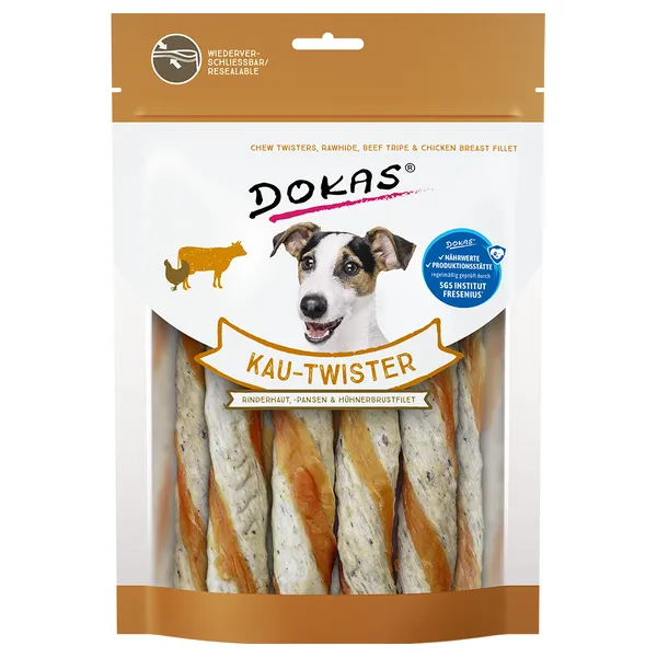 Bâtonnets torsadés Dokas 2 x peau de bœuf, panses, blanc de poulet - Friandises pour chien
