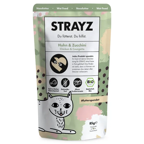 85g STRAYZ BIO Pouch nourriture pour chat humide poulet & courgettes bio