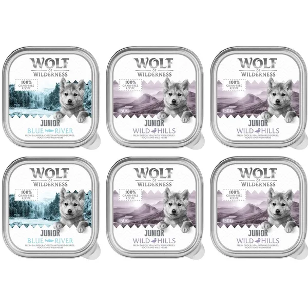 Wolf of Wilderness JUNIOR Duo de protéines 6 / 24 barquettes de 150 g pour chiot - 6 x 150 g : 4 x canard et veau, 2 x poulet, saumon