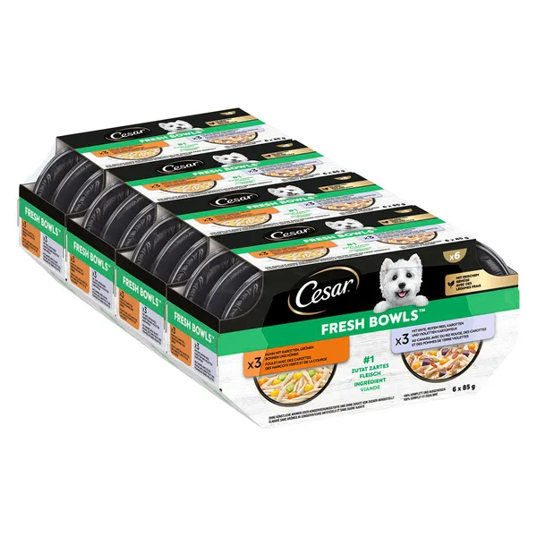 Lot économique : 96x85g Cesar Fresh Bowls poulet & canard en sauce nourriture pour chiens humide