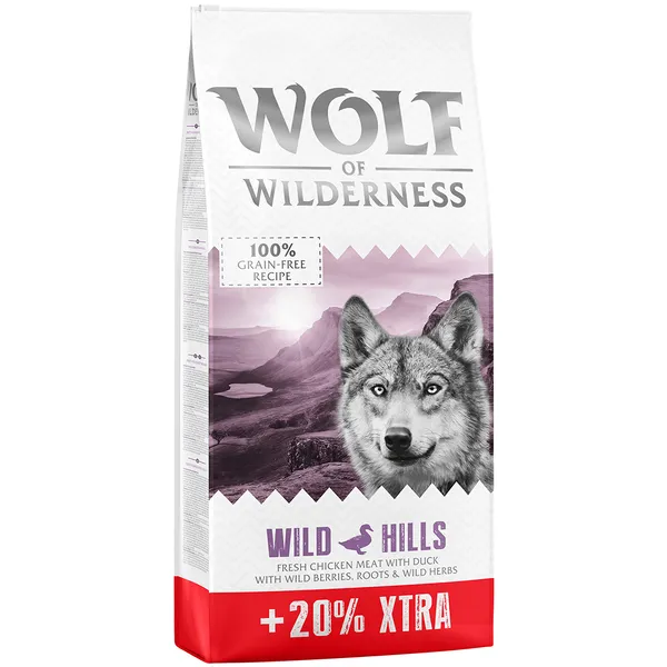 Croquettes Wolf of Wilderness 12 kg + 2,4 kg offerts ! - Adult Wild Hills, canard