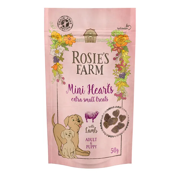 Friandises Rosie's Farm Puppy & Adult Mini cœurs agneau pour chien - 50 g