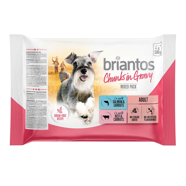 Offre d'essai Briantos 4 x 100 g pour chien - Bouchées en sauce (saumon & bœuf)