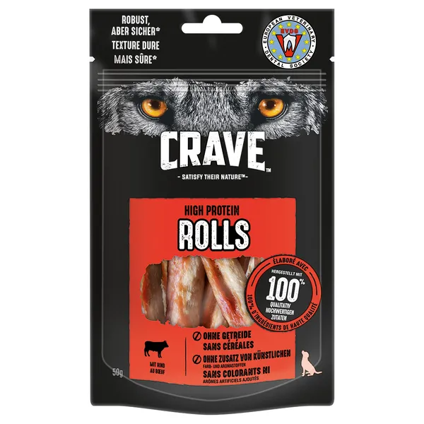 Friandises Crave High Protein Rolls pour chien - 50 g bœuf