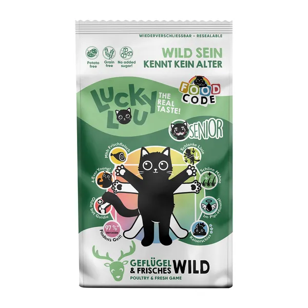 lot économique: 2x1,7kg Lucky Lou Senior volaille & gibier croquettes pour chat