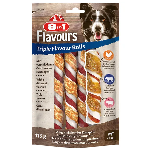 Triple Flavour Rolls Bâtonnets à mâcher pour chien - 3 bâtonnets à mâcher
