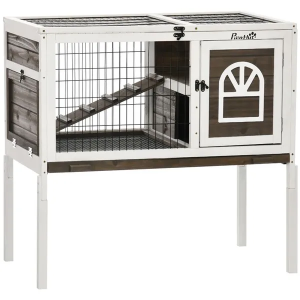 Clapier à lapins cage lapin intérieur avec bac amovible 2 portes verrouillables échelle 90 x 53 x 87 cm café
