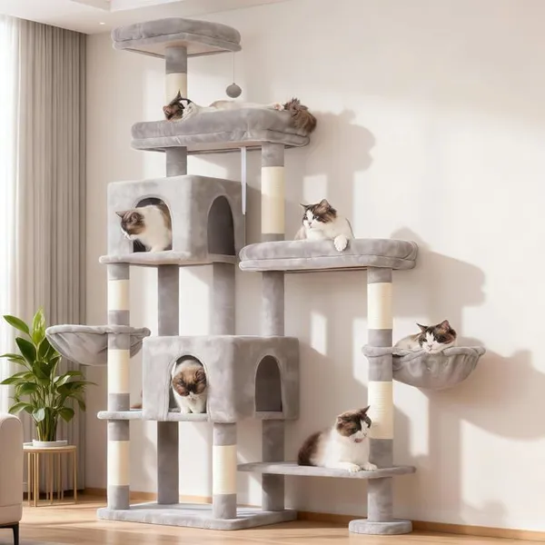 Arbre à chat XXL - JOZSI - Arbre à chat XXL 180 cm pour grands chats 3 plateformes 3 niches et 2 paniers structure stable