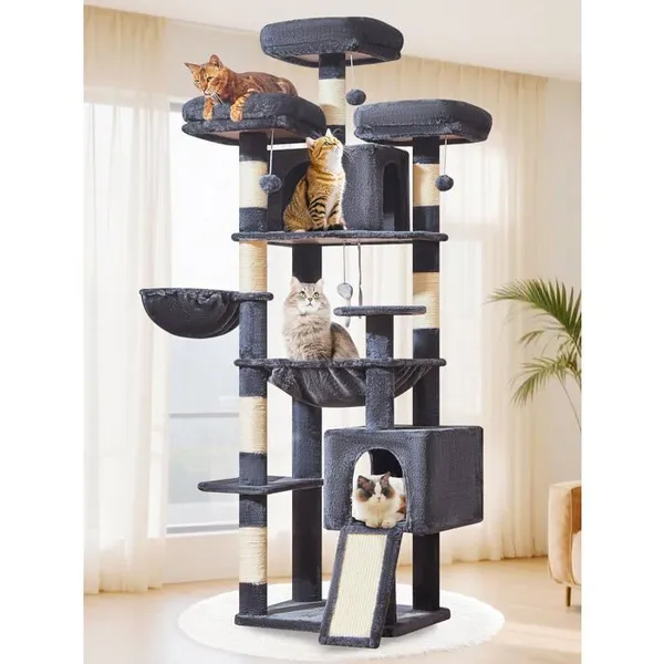 Arbre à chat XXL - JOZSI - Arbre à Chat 193 cm Stable pour Maine Coon 2 Condos 7 Griffers 3 Plateformes Hamac Gris Fumé