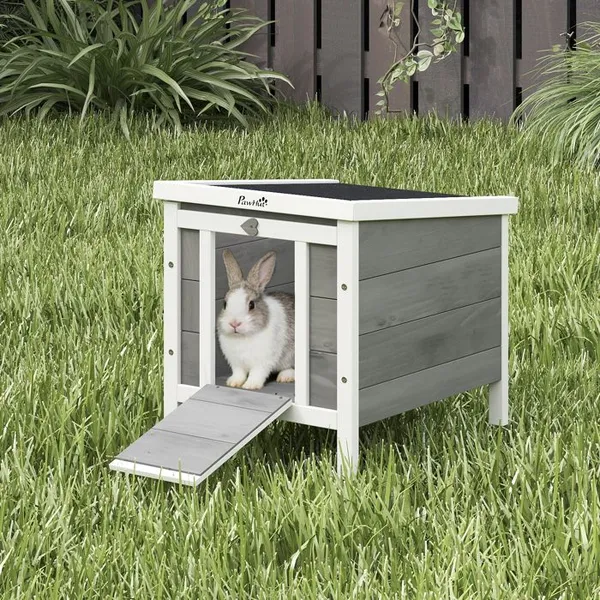 Clapier à lapin cage à lapin avec rampes/porte toit ouvrant et étanche - en bois de sapin 51 x 42 x 43 cm gris et blanc