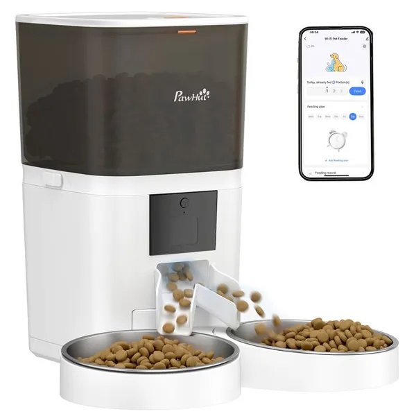 Distributeur Croquettes Chat Automatique 2 Animaux 6L Double Bol Inox WiFi Tuya App ABS 37x36x35cm Blanc
