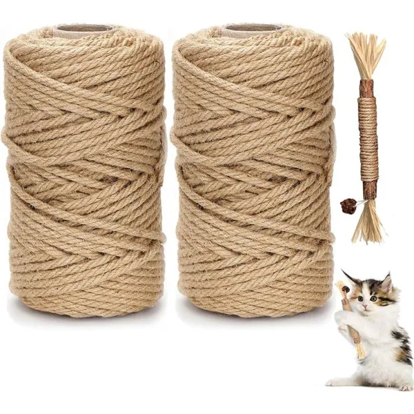 Corde Arbre à Chat de 2 pièces 6 mm 60 m Naturel pour Chat - Accessoire pour Poteau de Rechange Arbre à Chatavec Un Bâton