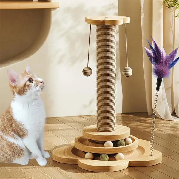 4 en 1 Arbre à Chat en Bois - Griffoir pour Chat avec Boules Suspendues et Jouets InteractifsPetit Arbre à avec Griffoir(29 *
