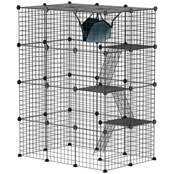 Cage pour chat dintérieur parc pour chat en acier à 4 niveaux DIY avec 5 portes hamac 1-3 chats 105 x 70 x 140 cm noir