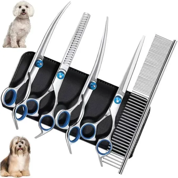 Ciseaux de Toilettage - Professionnel - Kit 5 en 1 - Métallique - Poignées en caoutchouc Métallique avec poignées en caoutchouc YYV