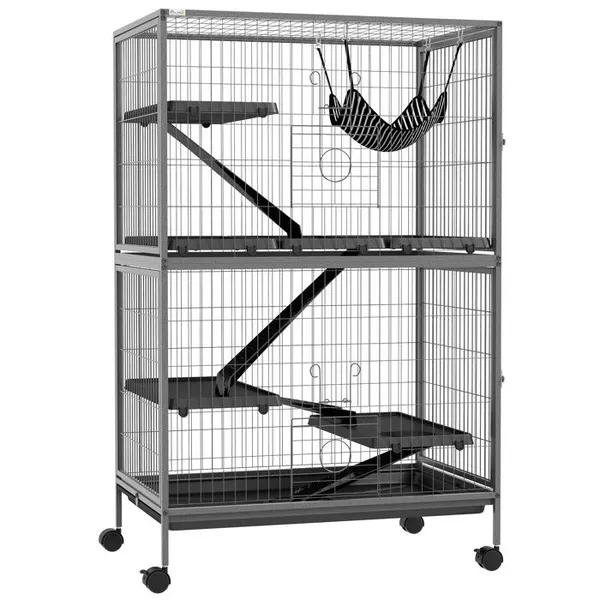 Cage pour rongeurs Multifonction 4 Plateformes 3 rampes 4 Portes dim. 80L x 52l x 128H cm acier Gris argenté Noir