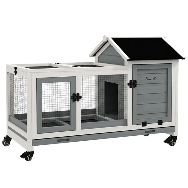 Clapier cage à lapins rongeurs sur roulettes 2 portes verrouillables - dim. 108L x 58l x 735H cm - bois massif