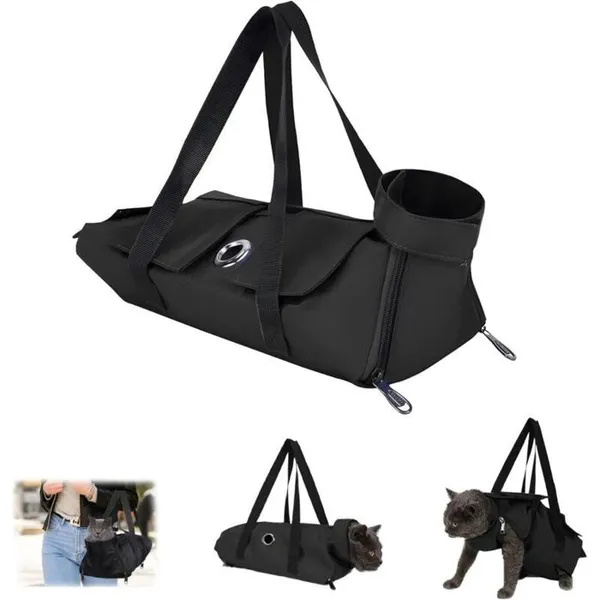 MHY® - Sac de toilettage pour chat - Noir - Anti-griffures - Avec trous pour les pieds - Pour couper les griffes nettoyer les oreil