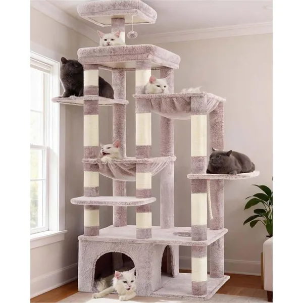 Arbre à chat - JOZSI - 180 cm de haut - Base 70x50 cm - Plateforme XL - Grande maison pour chat - 2 hamacs