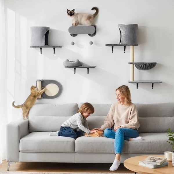 Étagères murales pour chat arbre à chat mural 5 pièces 2 niches hamac plateformes griffoirs en sisal gris