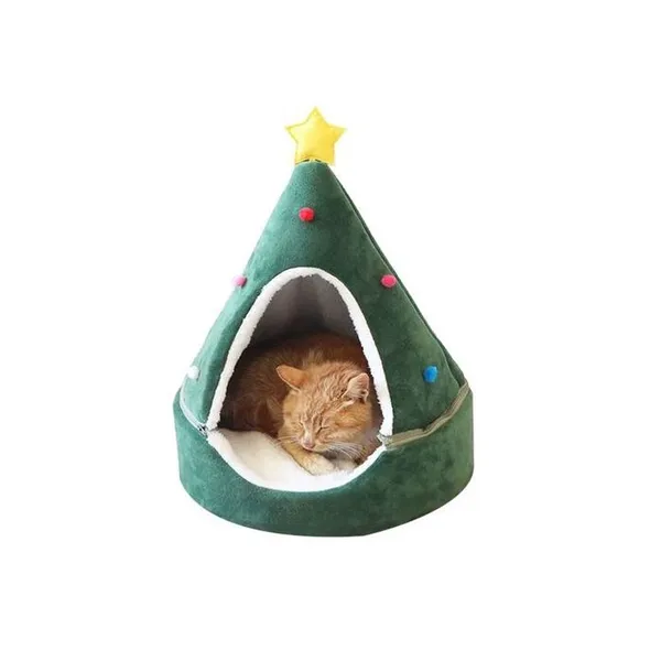 Lit de tente pour chat en forme de grotte, confortable et triangulaire, idéal comme maison pour chat ou arbre de Noël.