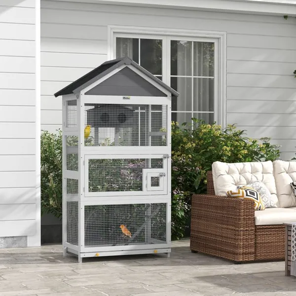 Cage à oiseaux en bois cage perroquet aire de jeux toit asphalte imperméable 92 x 52 x 171 cm gris