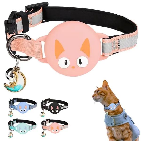 Collier Chat Airtag avec Accessoire Compatible avec Apple Airtag, Réfléchissant, Anti-Étranglement, Réglable - Rose