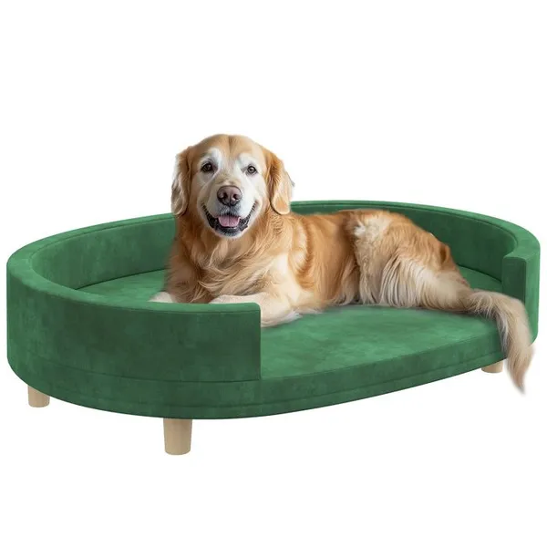 Canapé chien style nordique grande taille dim. 100L x 70l x 25H cm - coussin amovible - piètement bois velours vert