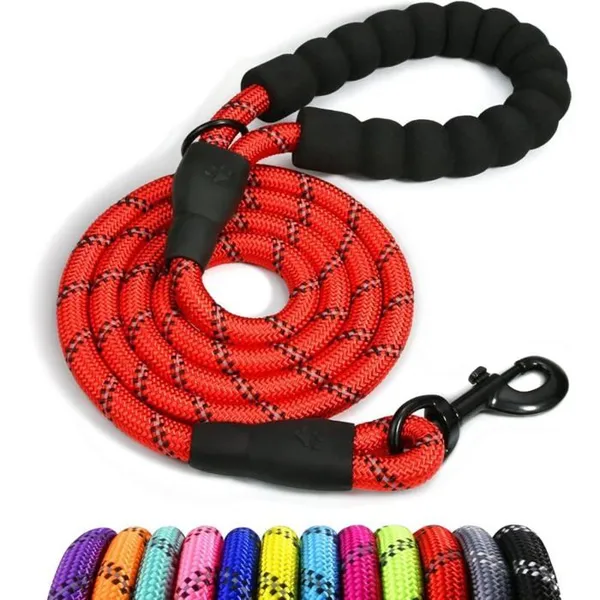 Chien Corde Laisse pour Chien en Nylon avec Poignée Rembourrée Douce et des Fils réfléchissants 150cm x 1.2cm Rouge
