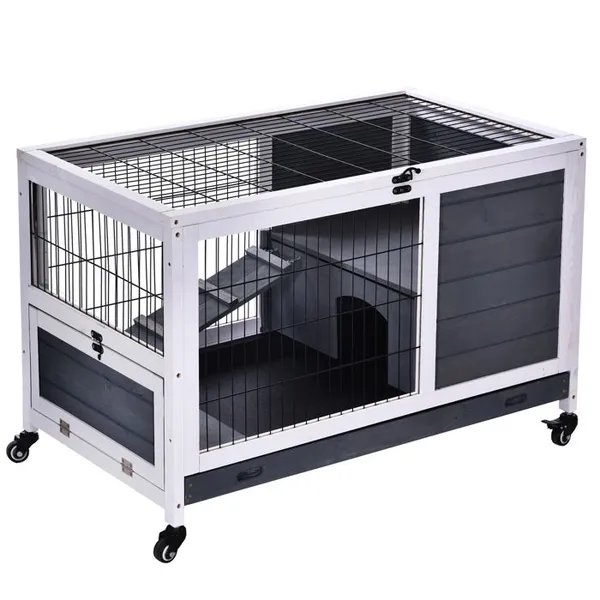 Clapier Cage à Lapin sur Roulettes Toit Ouvrant Rampe Tiroir à Déjection Amovible 90 x 53 x 59 cm Gris Blanc