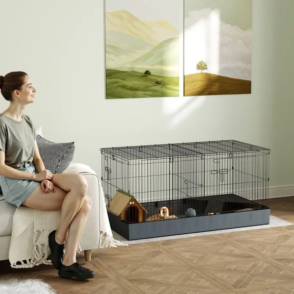 Cage pour petits animaux 2 en 1 avec dessus amovible enclos lapin 2 zones séparées rampe 121 x 61 x 61 cm en acier noir