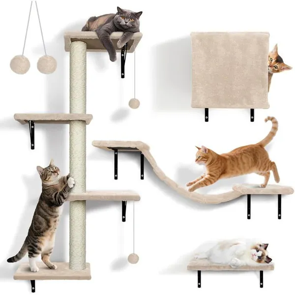 Étagères Murales pour Chat4 en 1 Ensemble de Meubles Muraux avec Griffoir pour ChatsArbre à Chat Mural avec BalleStable 10 kg