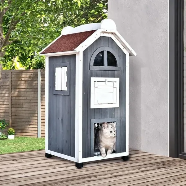 Niche pour Chat 2 Étages avec Escalier et Hamac - TCQPZ - Intérieur Extérieur en Bois avec Toit en Asphalte Gris 59 × 55 × 109 cm