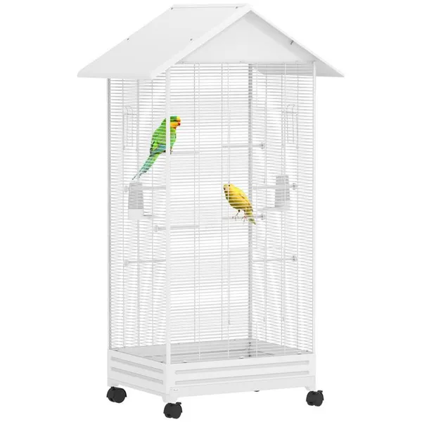 Cage oiseau - PawHut - avec roulettes plateau coulissant - 2 mangeoires et 8 perchoirs - 79 x 65 x 155 cm - blanc